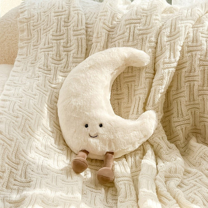Pluchen decoratief sierkussen met pluizige stof en geborduurd lachend gezicht zon en maan
