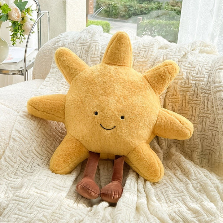 Pluchen decoratief sierkussen met pluizige stof en geborduurd lachend gezicht zon en maan