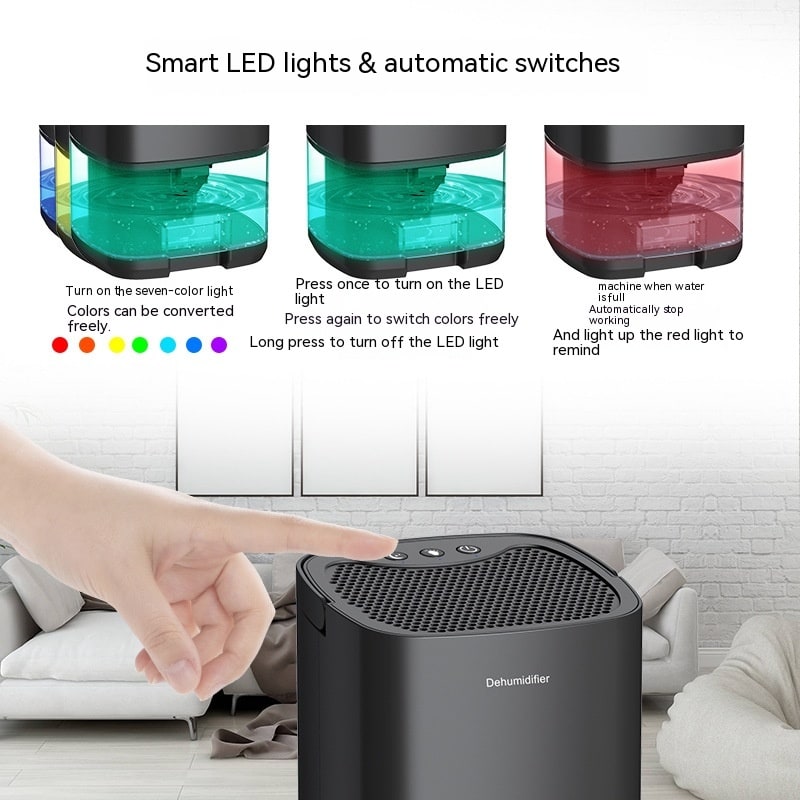 Draagbare luchtontvochtiger voor kelder en slaapkamer met afvoerslang en led-indicator voor waterreservoir