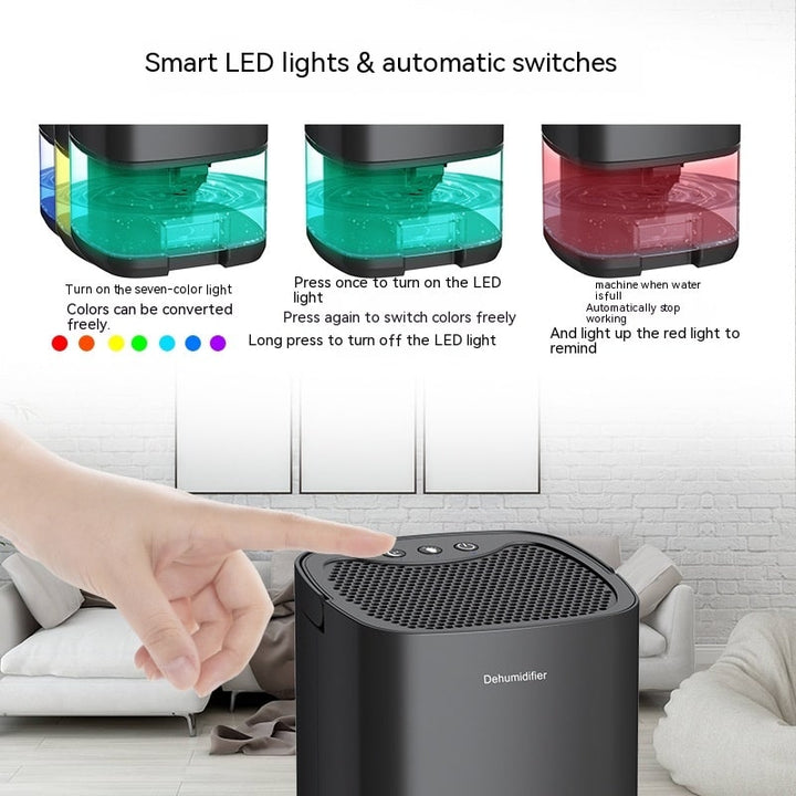 Draagbare luchtontvochtiger voor kelder en slaapkamer met afvoerslang en led-indicator voor waterreservoir