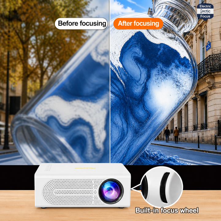 Draagbare mini-projector, compacte thuisbioscoop met handmatig scherpstelwiel, klein