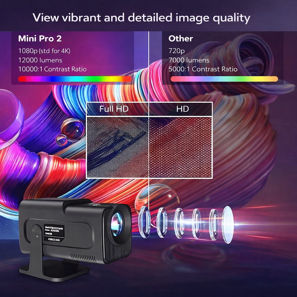 Draagbare slimme mini-projector met draaibare standaard en afstandsbediening, stil