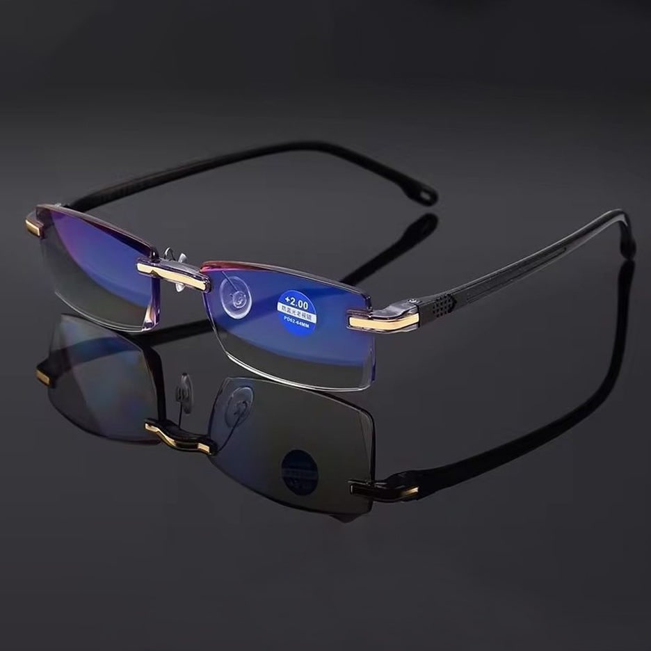 Multifocale leesbril blauwlichtfilter metaal randloos rechthoekig progressief