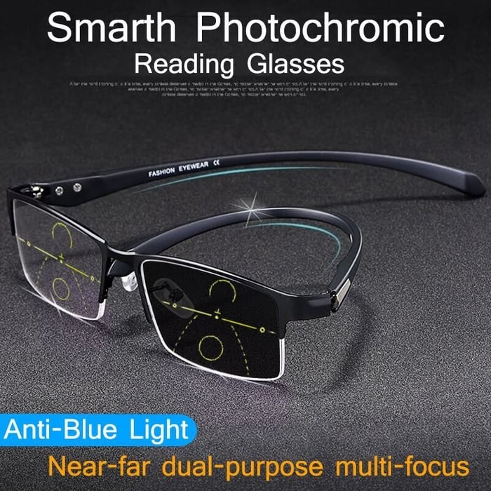Multifocale leesbril blauwlichtfilter metaal randloos rechthoekig progressief
