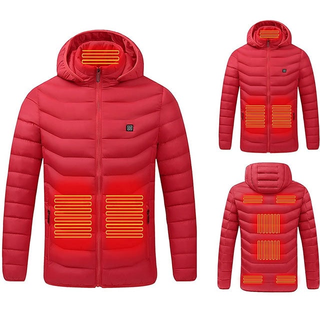 Verwarmd donsjack met 9 verwarmingszones capuchon en gewatteerd ontwerp