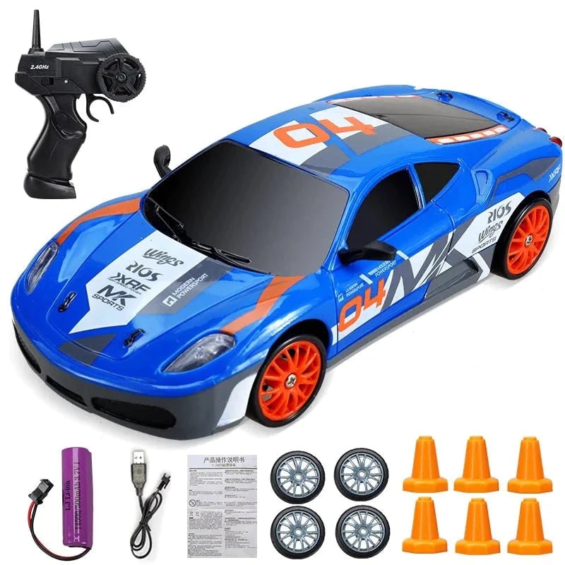 RC driftauto met afstandsbediening, LED-koplampen, reservewielen en verkeerskegels