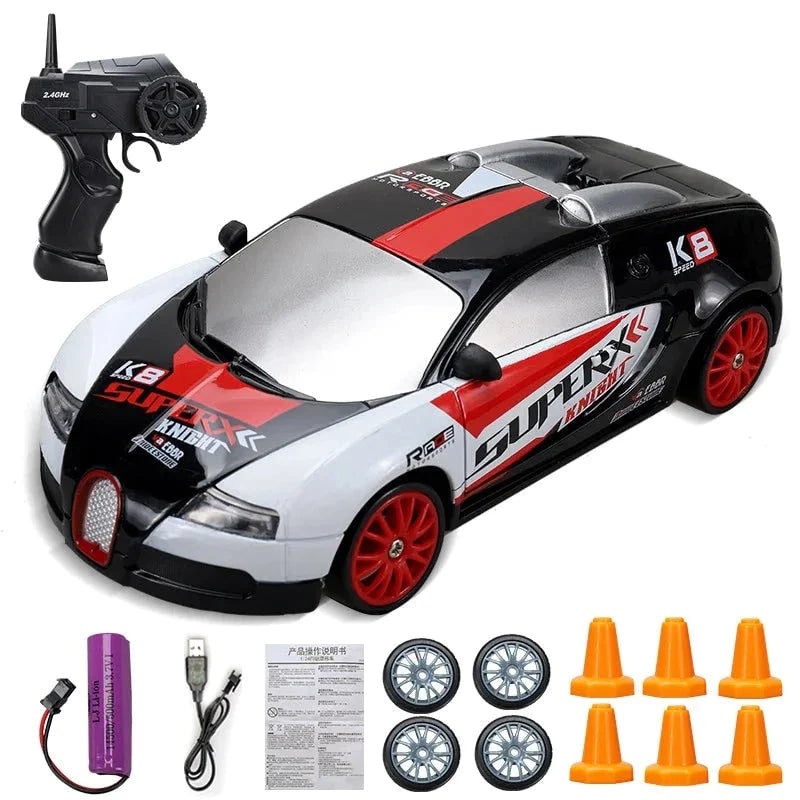 RC driftauto met afstandsbediening, LED-koplampen, reservewielen en verkeerskegels