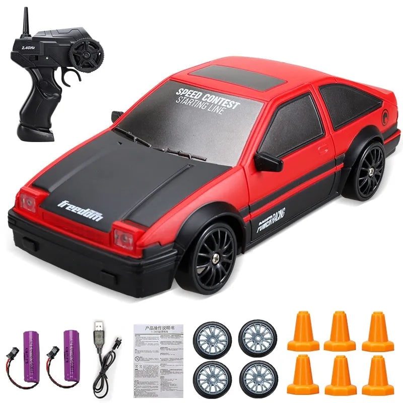 RC driftauto met afstandsbediening, LED-koplampen, reservewielen en verkeerskegels