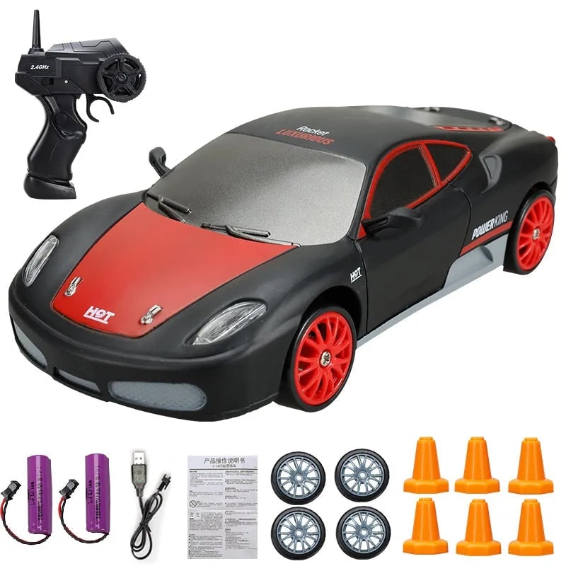 RC driftauto met afstandsbediening, LED-koplampen, reservewielen en verkeerskegels
