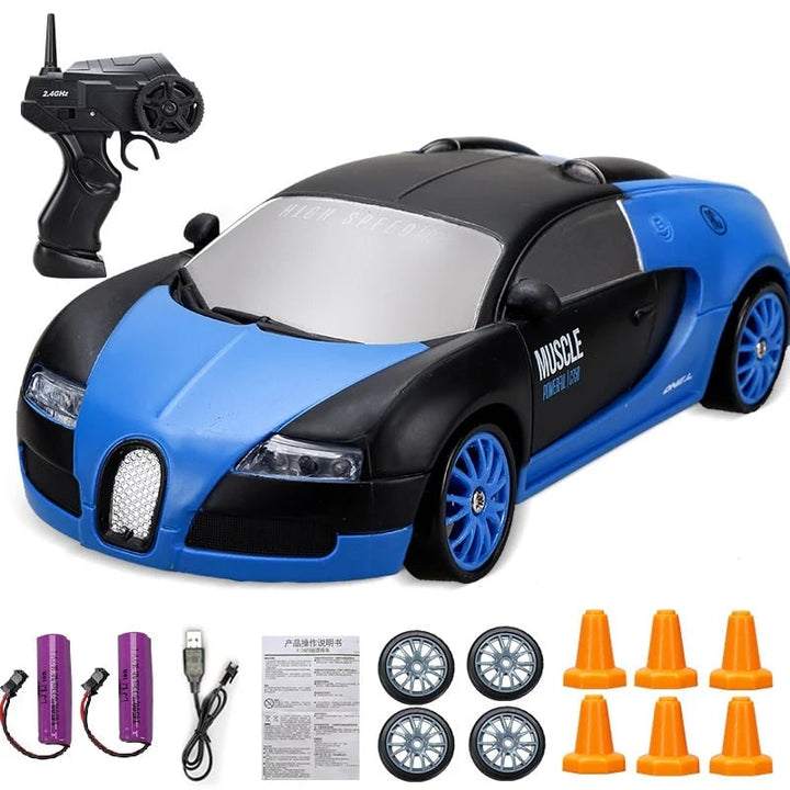 RC driftauto met afstandsbediening, LED-koplampen, reservewielen en verkeerskegels