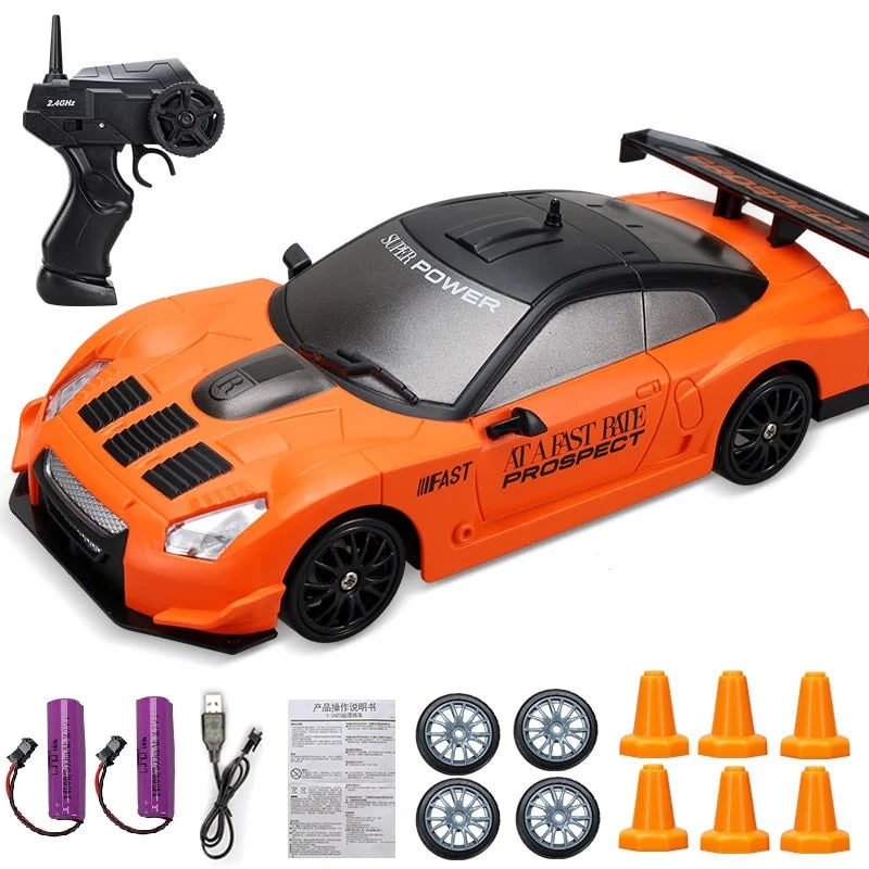 RC driftauto met afstandsbediening, LED-koplampen, reservewielen en verkeerskegels