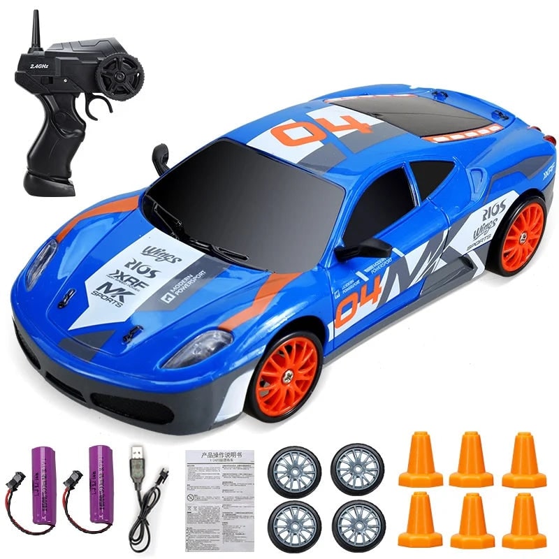 RC driftauto met afstandsbediening, LED-koplampen, reservewielen en verkeerskegels