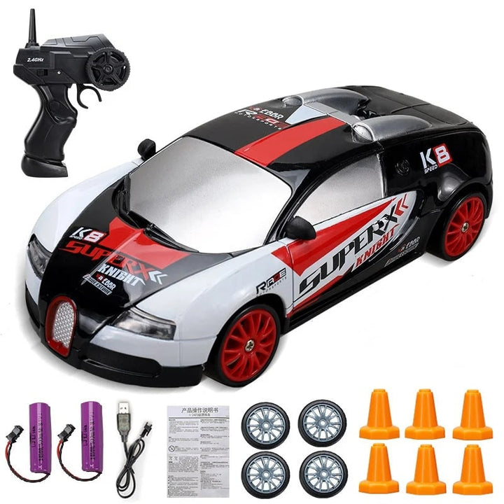 RC driftauto met afstandsbediening, LED-koplampen, reservewielen en verkeerskegels