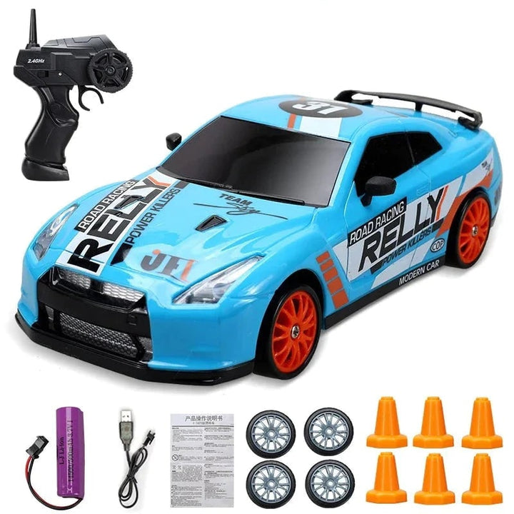 RC driftauto met afstandsbediening, LED-koplampen, reservewielen en verkeerskegels