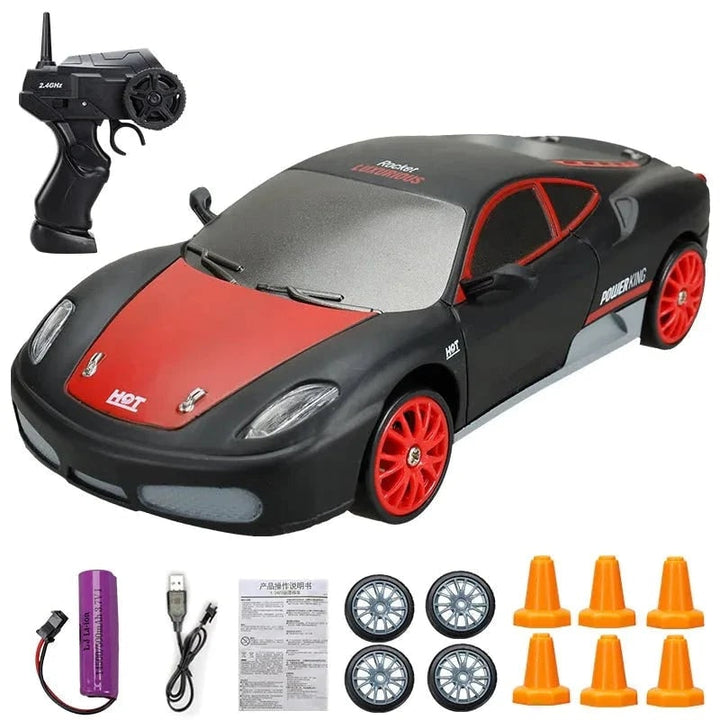 RC driftauto met afstandsbediening, LED-koplampen, reservewielen en verkeerskegels