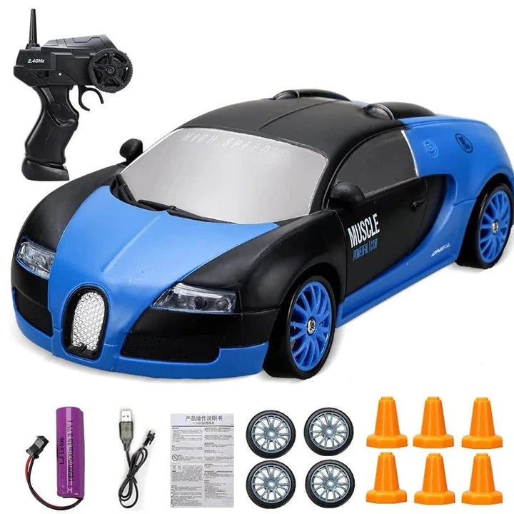 RC driftauto met afstandsbediening, LED-koplampen, reservewielen en verkeerskegels