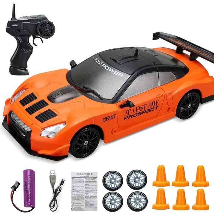 RC driftauto met afstandsbediening, LED-koplampen, reservewielen en verkeerskegels