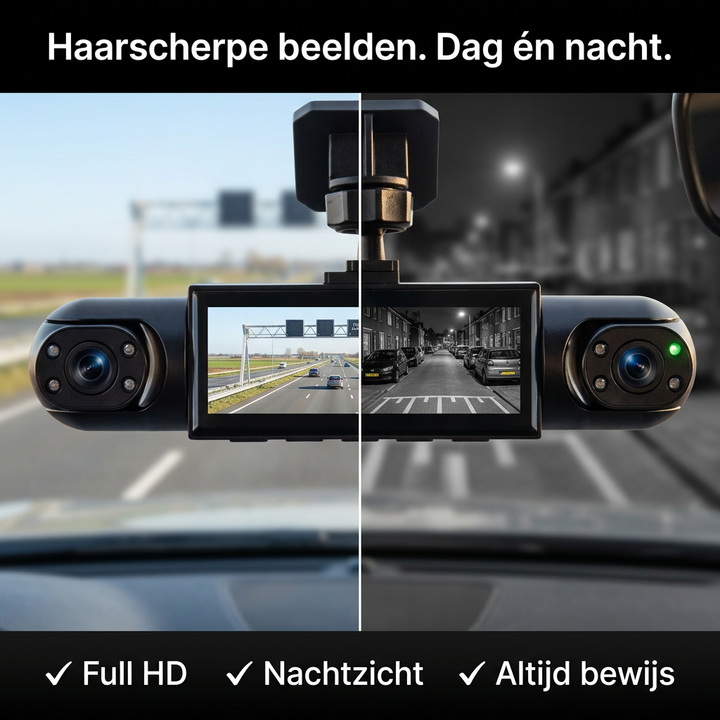360°-dashcam met 4 camera's, GPS‑tijdstempel en nachtzicht