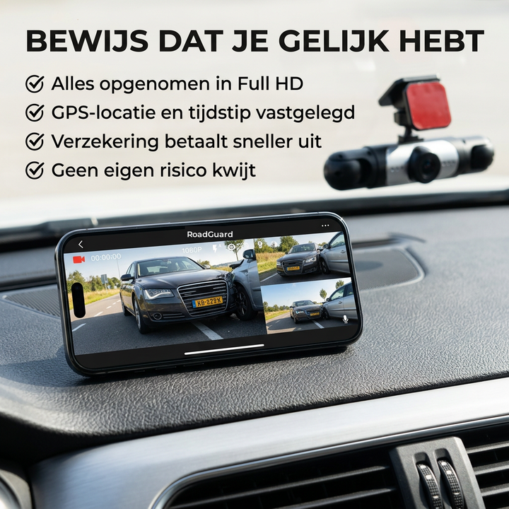 360°-dashcam met 4 camera's, GPS‑tijdstempel en nachtzicht