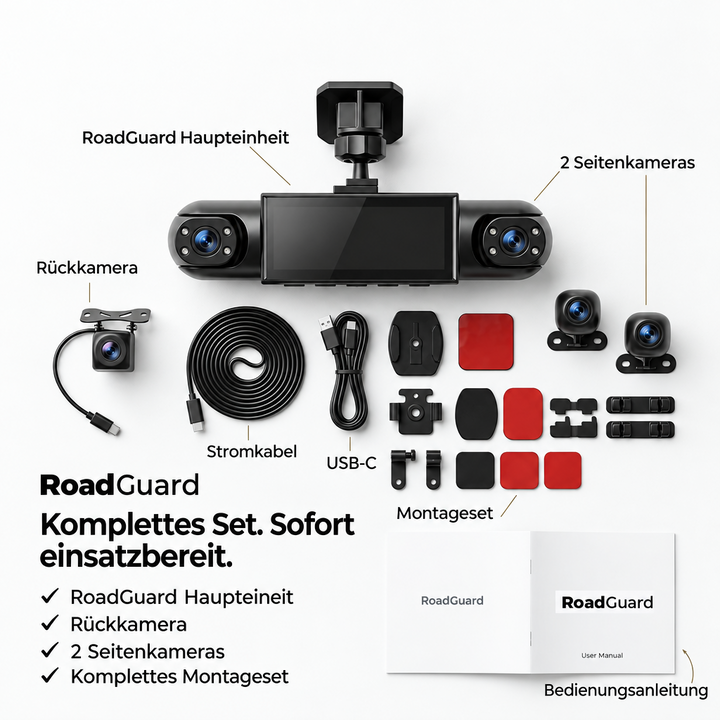 360°-dashcam met 4 camera's, GPS‑tijdstempel en nachtzicht