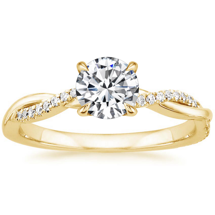 Ronde briljant solitaire verlovingsring met gedraaide band en pavé-accenten met diamantlook