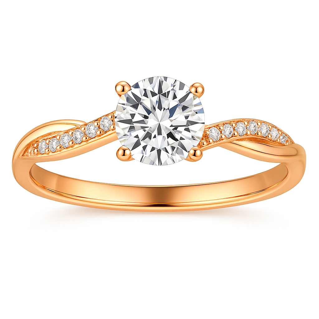 Ronde briljant solitaire verlovingsring met gedraaide band en pavé-accenten met diamantlook
