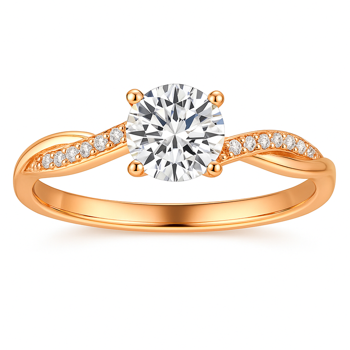 Ronde briljant solitaire verlovingsring met gedraaide band en pavé-accenten met diamantlook
