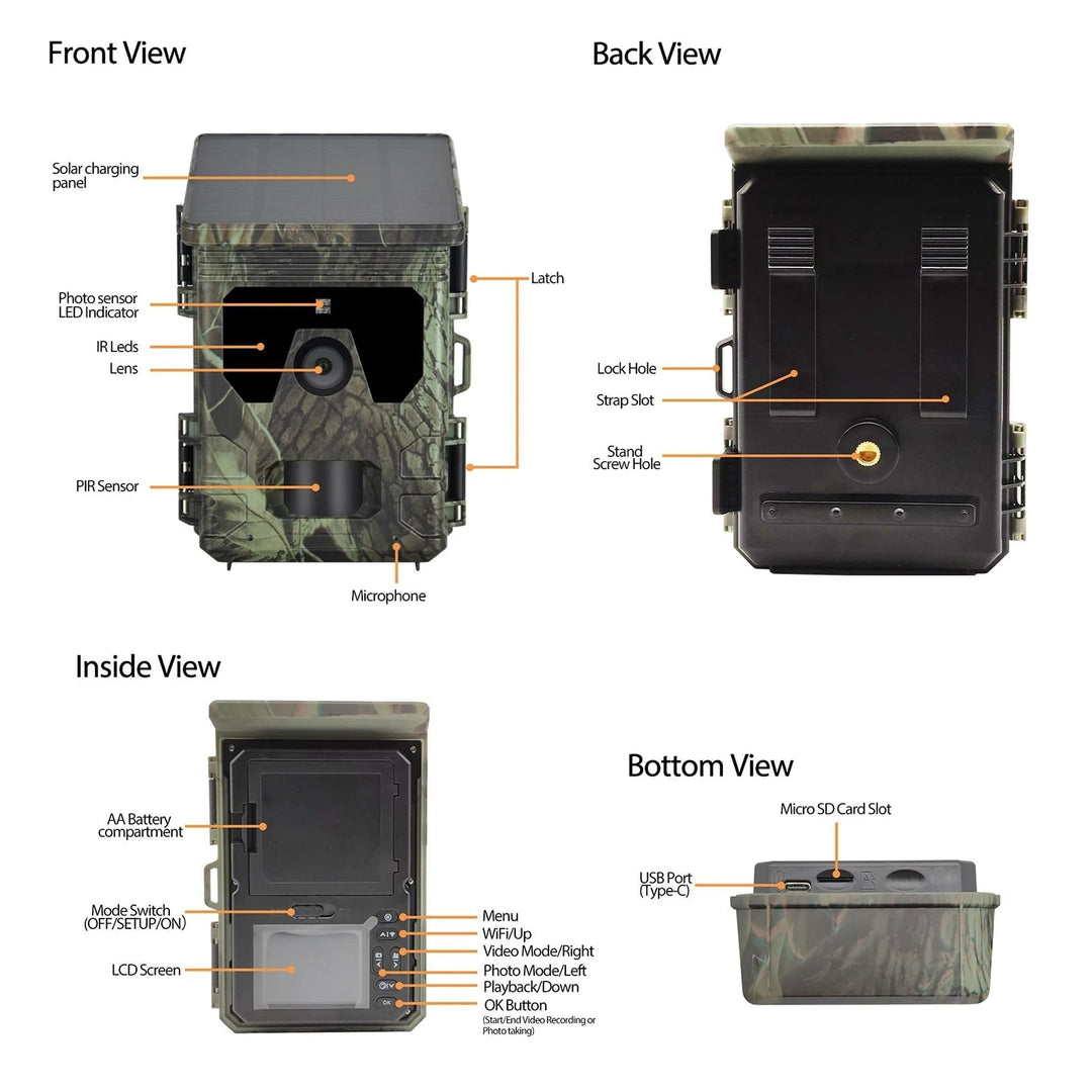 Zonne-energie trailcamera met mobiel netwerk, nachtzicht, bewegingssensor en SD-kaartsleuf