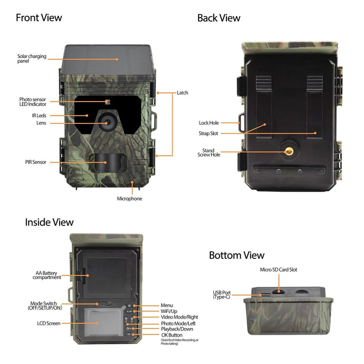 Zonne-energie trailcamera met mobiel netwerk, nachtzicht, bewegingssensor en SD-kaartsleuf