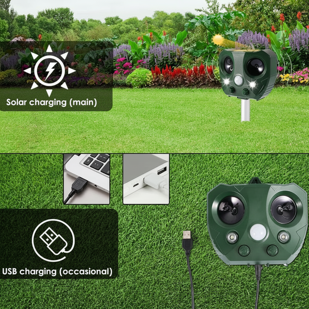 Solar ultrasone dierenverjager met bewegingssensor en LED-indicator