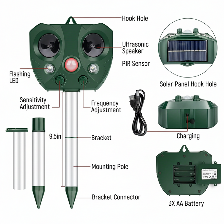 Solar ultrasone dierenverjager met bewegingssensor en LED-indicator