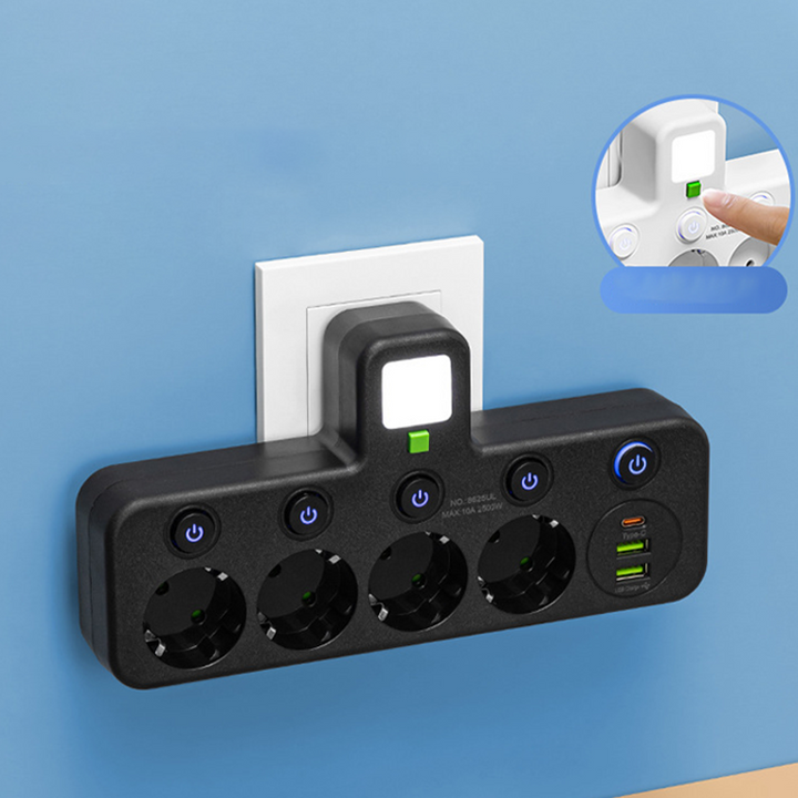 Stekkerdoos met USB en schakelaars | Meervoudige stekkerdoos overspanningsbeveiliging 2500 W