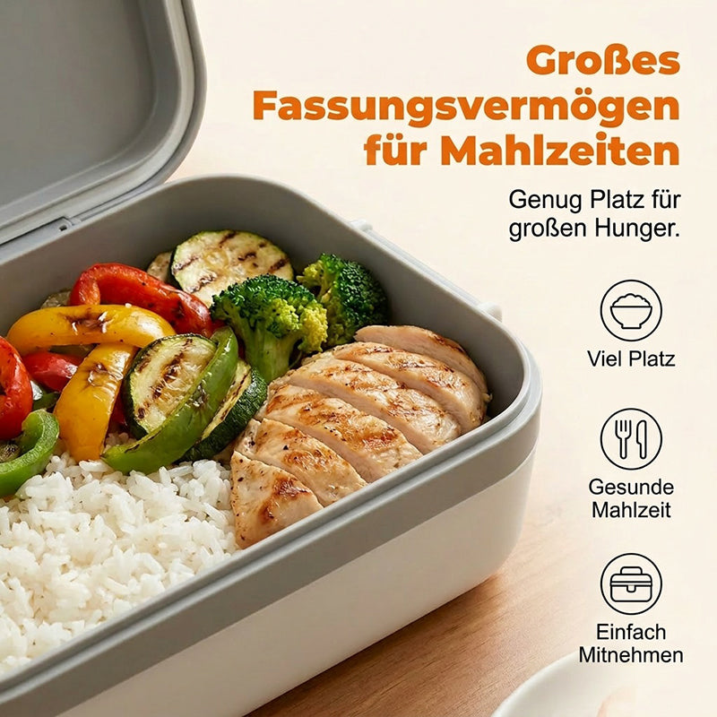Draadloze, zelfverwarmende elektrische lunchbox met roestvrijstalen inzet.