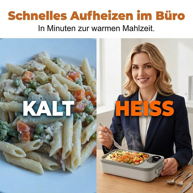 Draadloze, zelfverwarmende elektrische lunchbox met roestvrijstalen inzet.