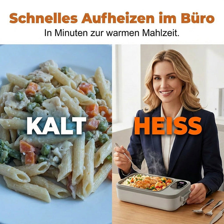 Draadloze, zelfverwarmende elektrische lunchbox met roestvrijstalen inzet.