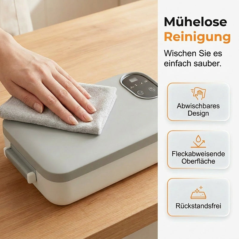 Draadloze, zelfverwarmende elektrische lunchbox met roestvrijstalen inzet.