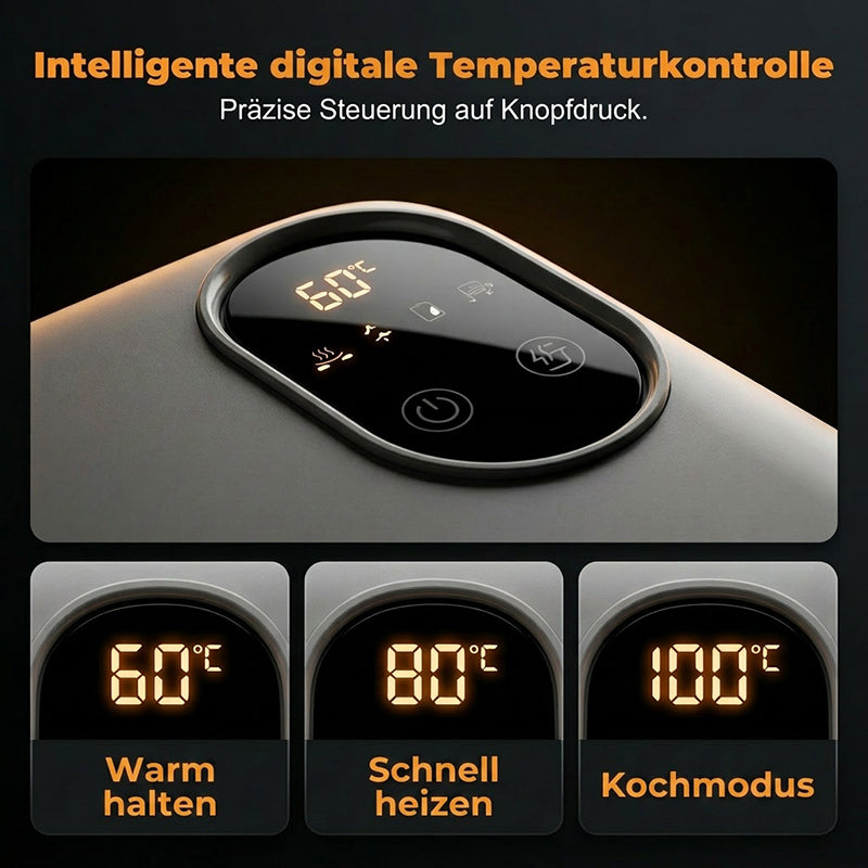 Draadloze, zelfverwarmende elektrische lunchbox met roestvrijstalen inzet.