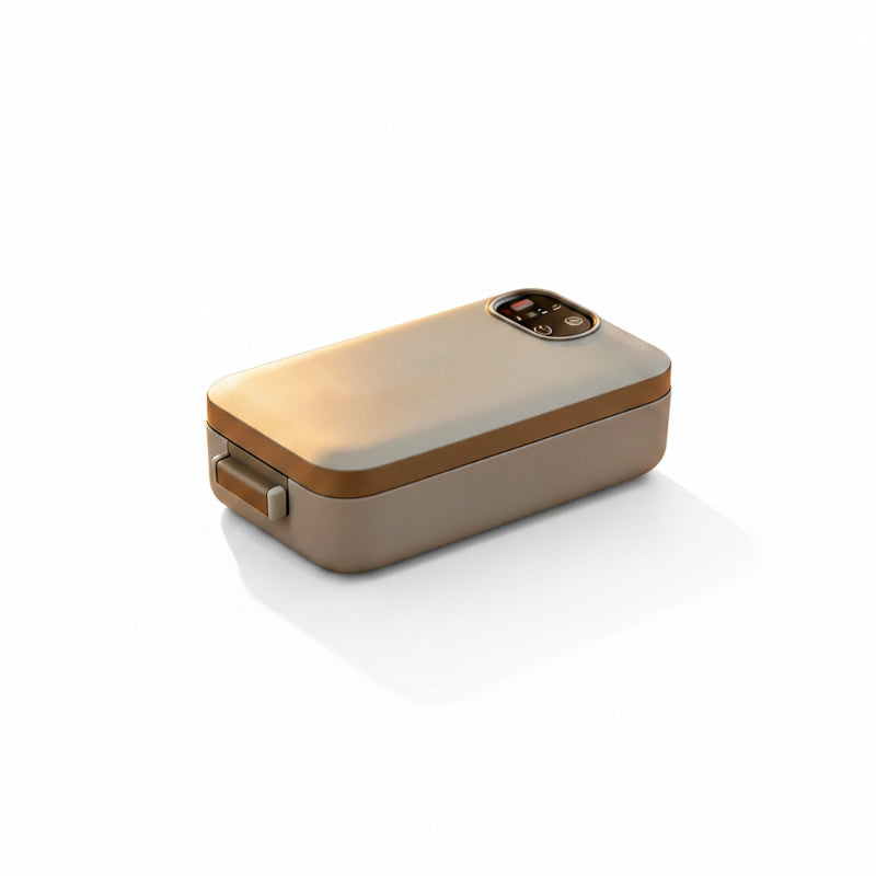 Draadloze, zelfverwarmende elektrische lunchbox met roestvrijstalen inzet.