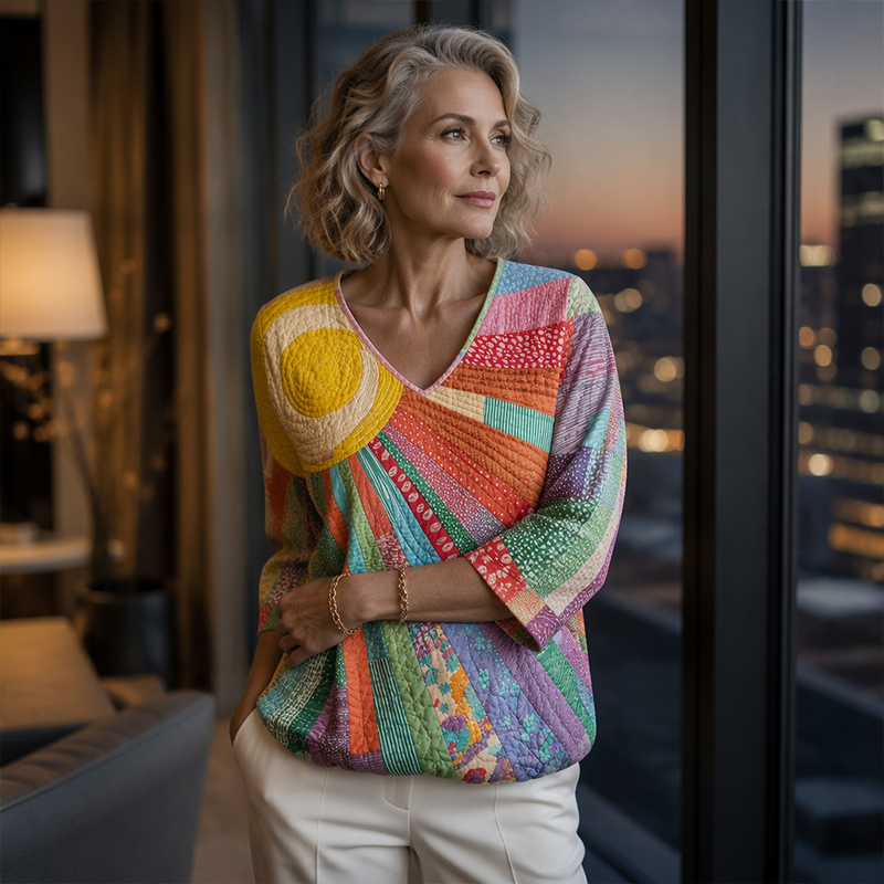 Dames retro patchwork blouse met V-hals