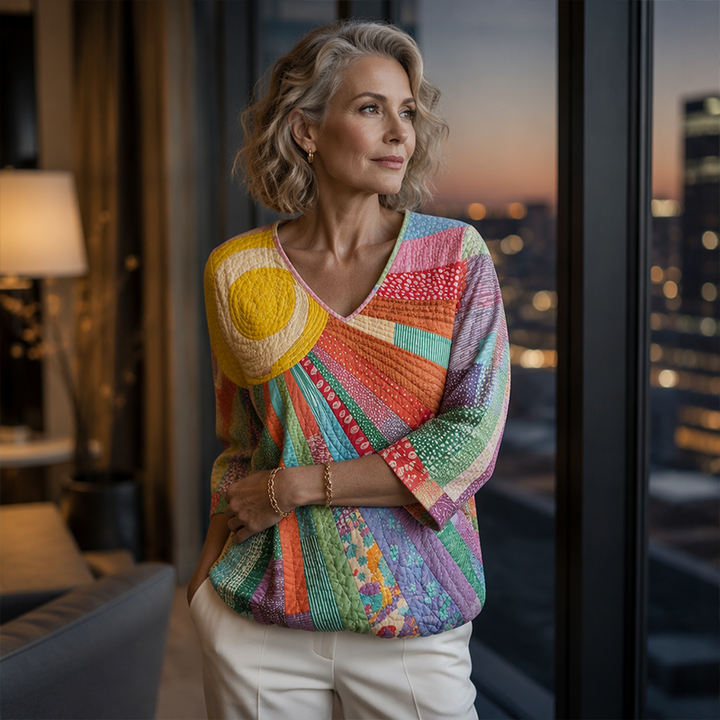 Dames retro patchwork blouse met V-hals
