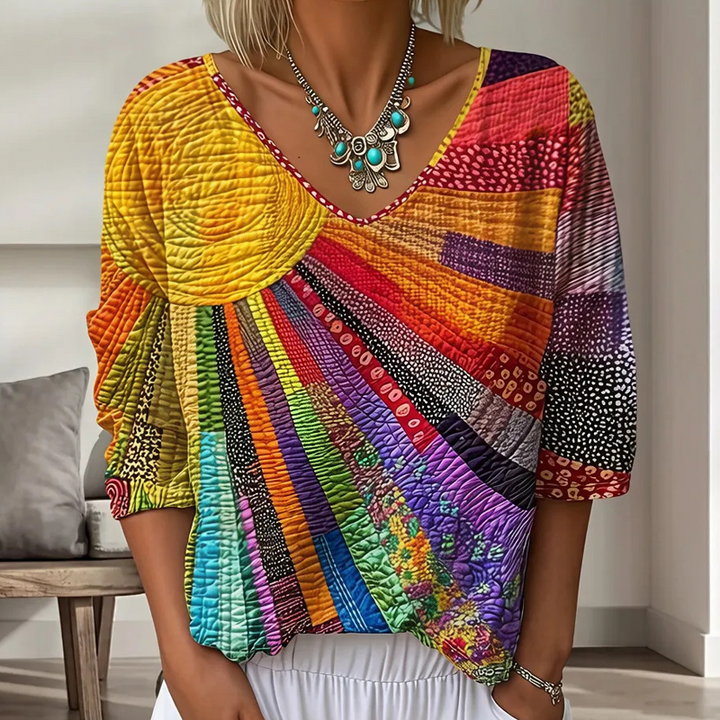 Dames retro patchwork blouse met V-hals