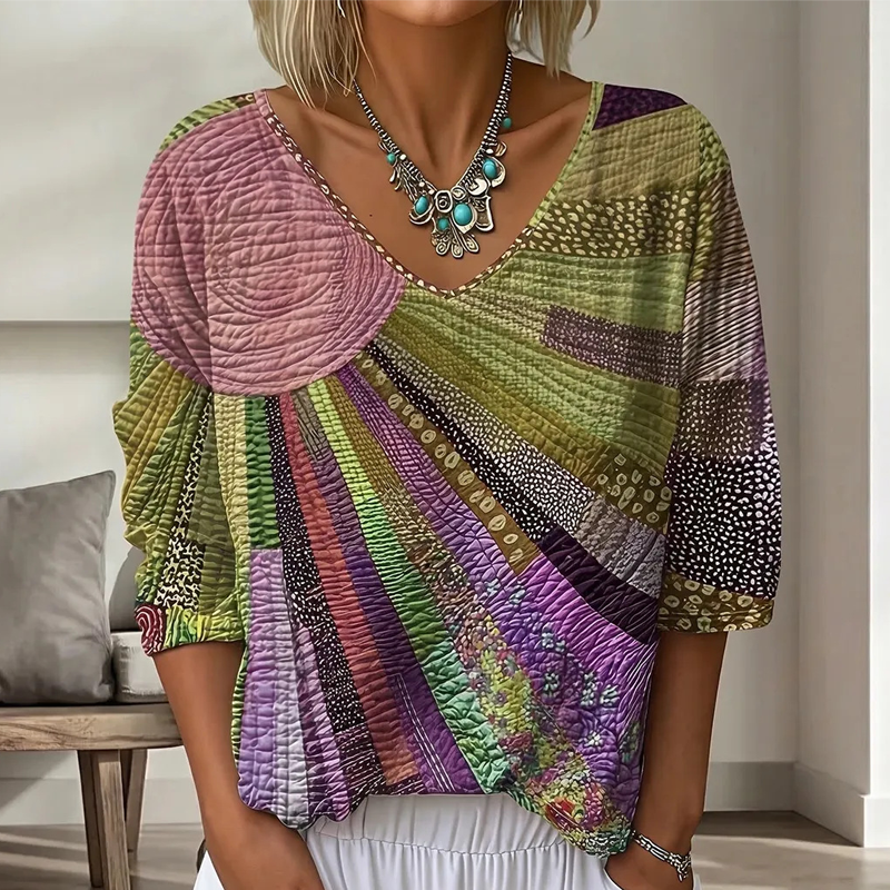 Dames retro patchwork blouse met V-hals