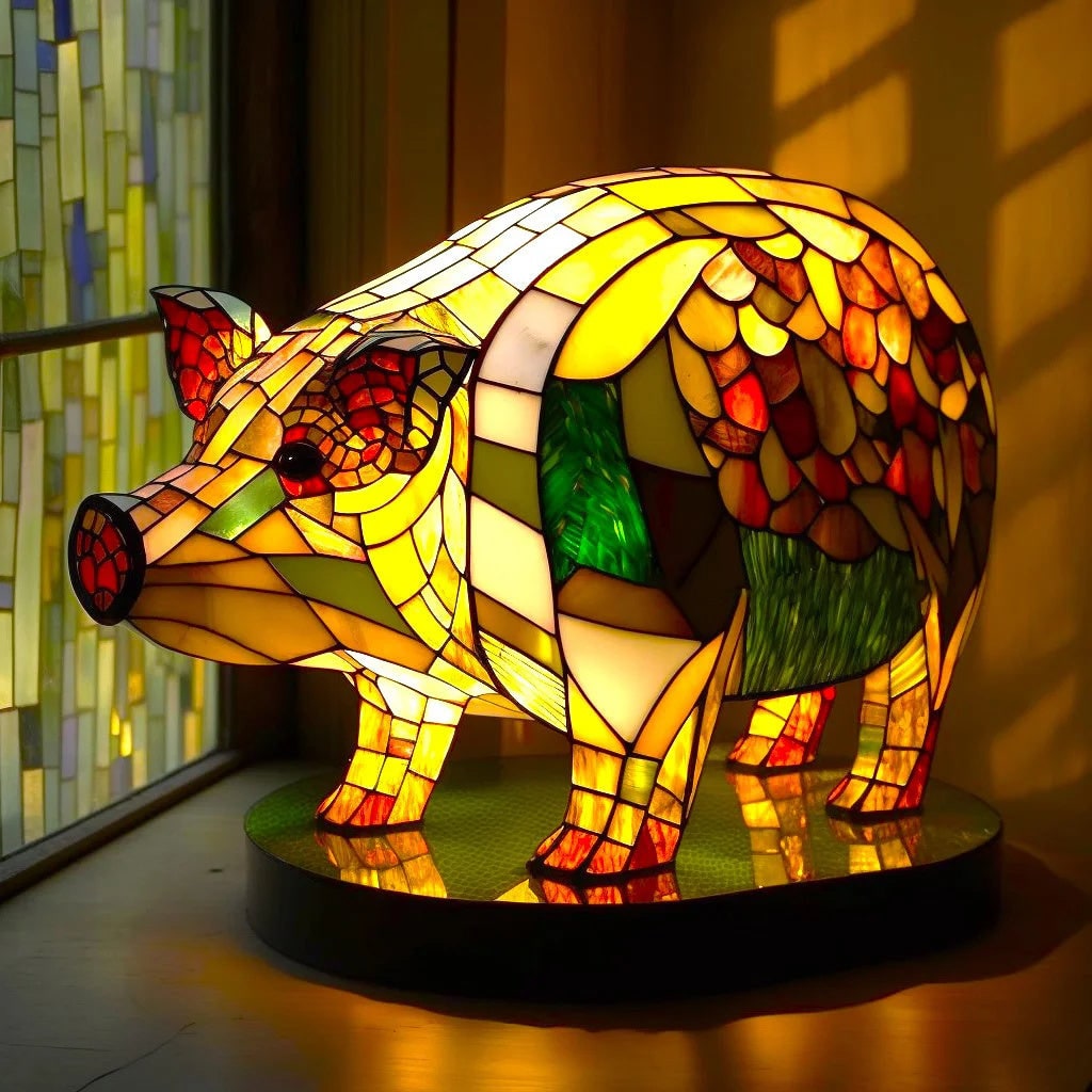 Dierenvormige tafellamp met glas-in-loodmozaïekdesign en decoratief licht