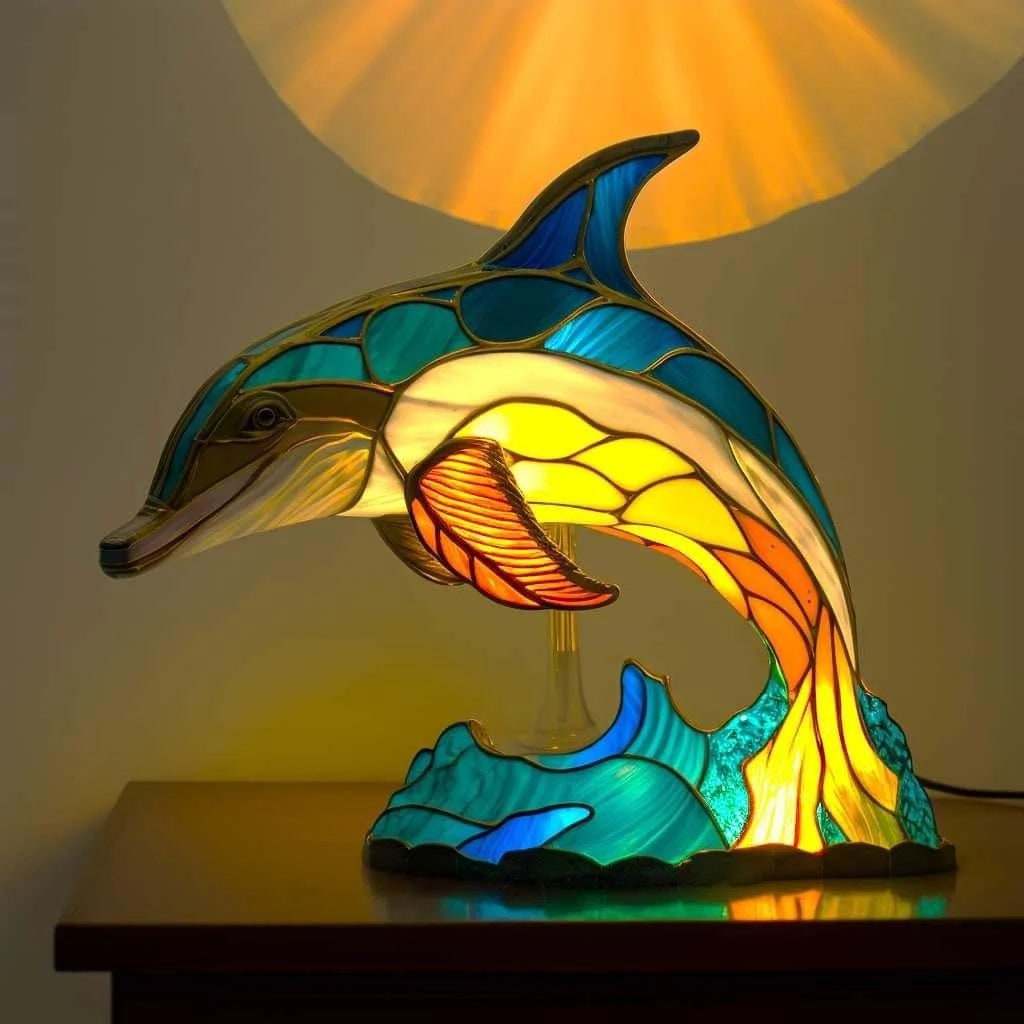 Vintage glas-in-lood dierentafellamp met mozaïekpanelen