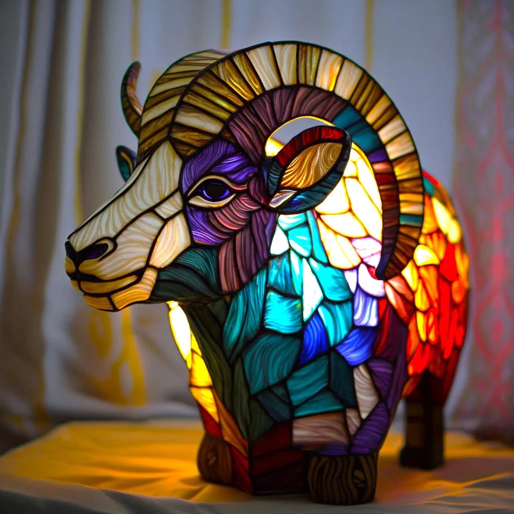 Vintage glas-in-lood dierentafellamp met mozaïekpanelen
