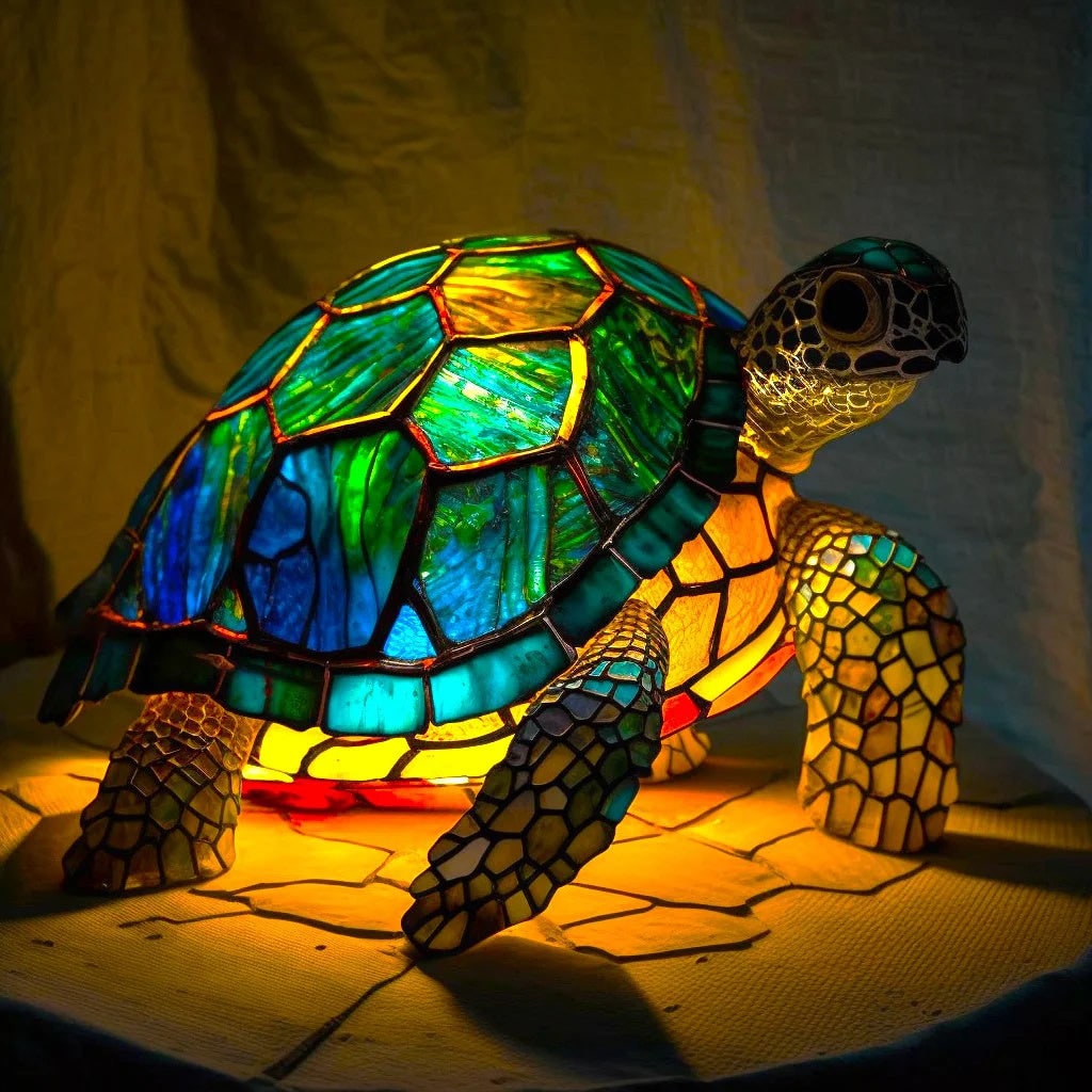 Vintage glas-in-lood dierentafellamp met mozaïekpanelen