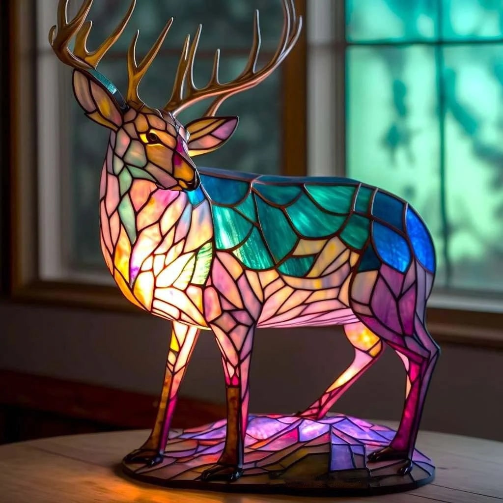 Vintage glas-in-lood dierentafellamp met mozaïekpanelen
