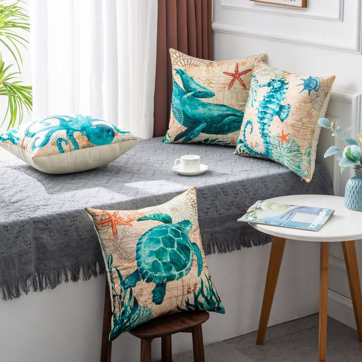 Sierkussenhoezen en bankkussens met decoratieve zeedierenprints, vierkant linnen, set van 4