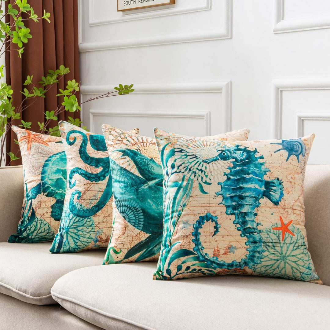 Sierkussenhoezen en bankkussens met decoratieve zeedierenprints, vierkant linnen, set van 4