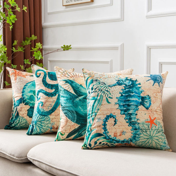 Sierkussenhoezen en bankkussens met decoratieve zeedierenprints, vierkant linnen, set van 4